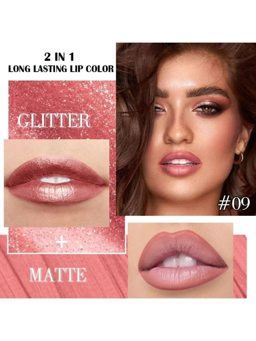 Womens 09# Pink Red-Metallic 2-in-1 Metallic Long Lasting Lipstick And Lip Liner